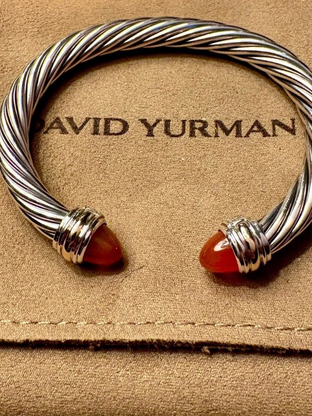 David Yurman Sterling Cable Cuff with Orange Stone Terminals - Picture 5 of 5